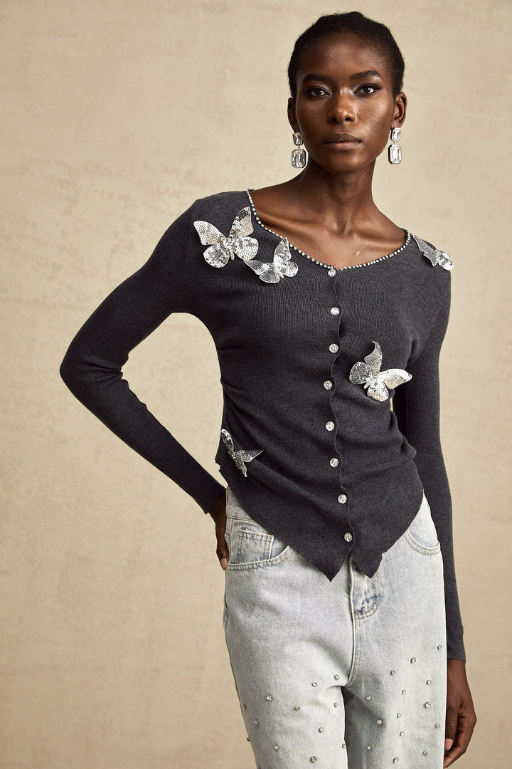 Levoire | Pull Tricot Motif Papillon En Paillettes Grises