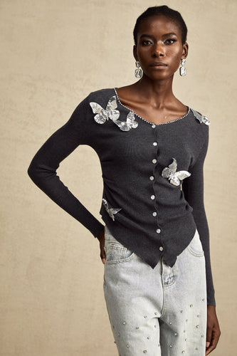 Levoire | Pull Tricot Motif Papillon En Paillettes Grises