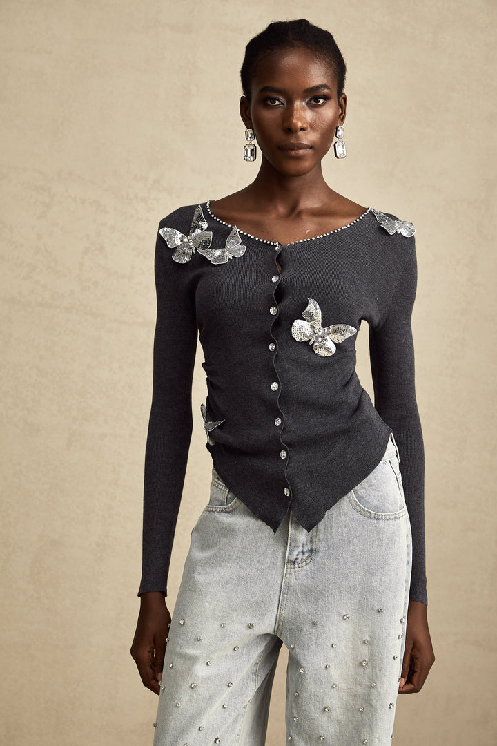 Levoire | Pull Tricot Motif Papillon En Paillettes Grises