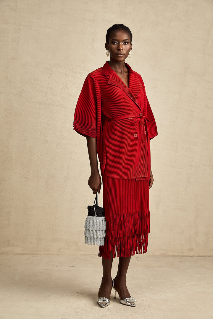 Levoire | Veste Plissée Rouge Et Ensemble De Jupe Assorti