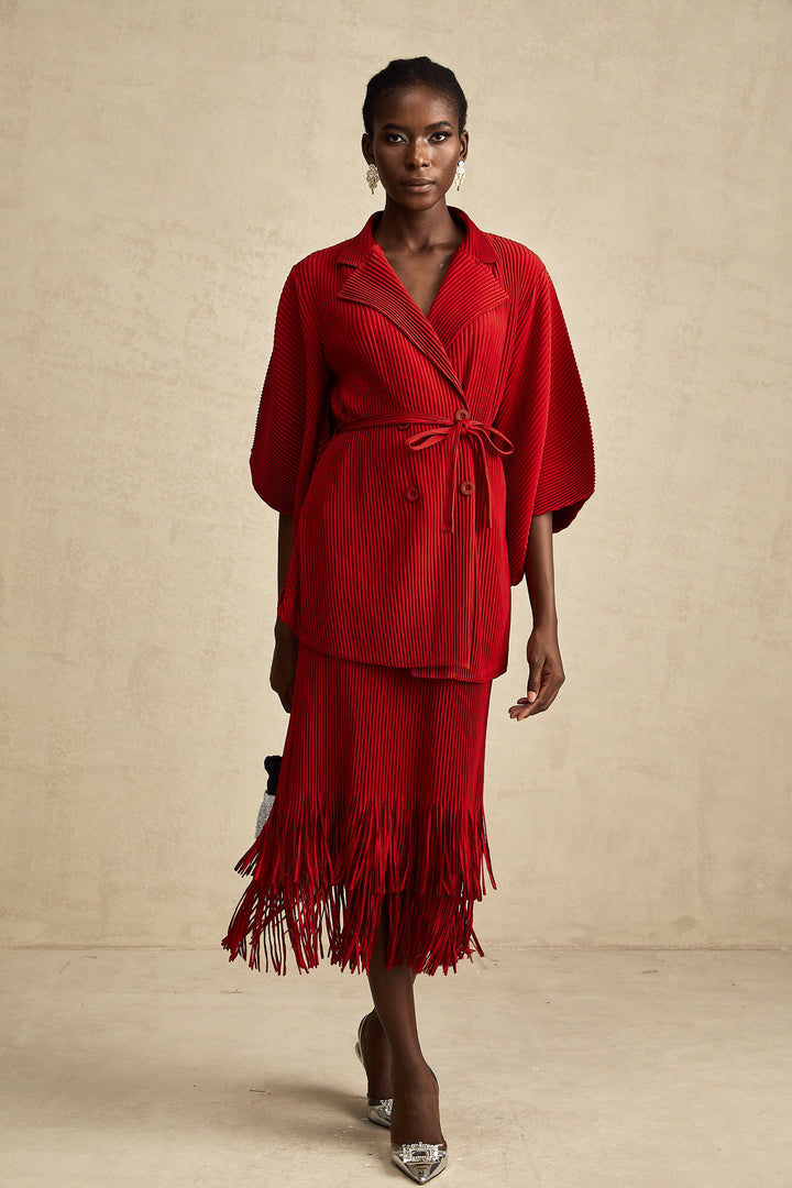 Levoire | Veste Plissée Rouge Et Ensemble De Jupe Assorti