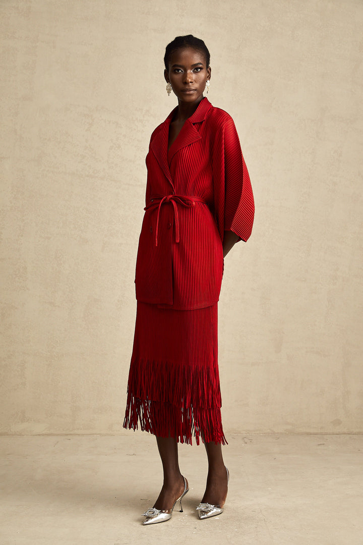 Levoire | Veste Plissée Rouge Et Ensemble De Jupe Assorti