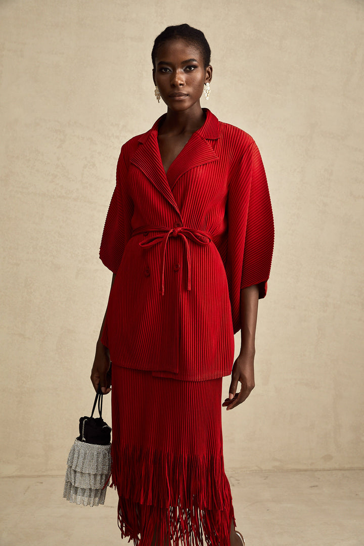 Levoire | Veste Plissée Rouge Et Ensemble De Jupe Assorti