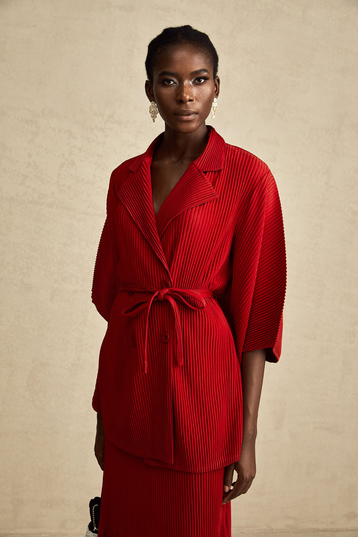 Levoire | Veste Plissée Rouge Et Ensemble De Jupe Assorti