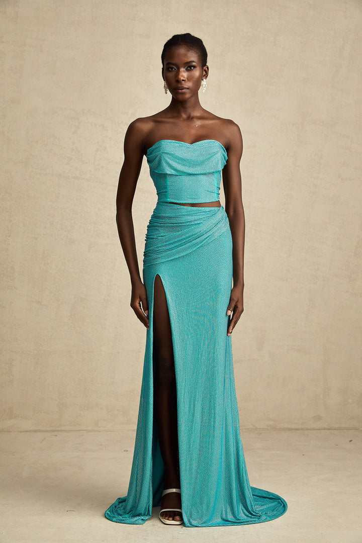 Levoire | Top Plissé Vert Ornée De Strass & Ensemble Jupe Assortie