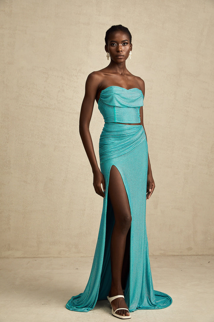 Levoire | Top Plissé Vert Ornée De Strass & Ensemble Jupe Assortie