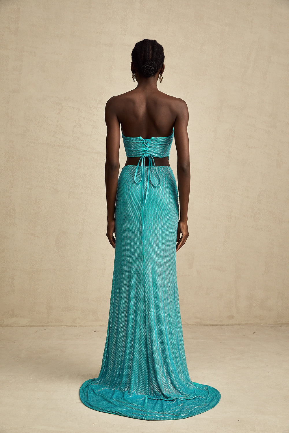 Levoire | Top Plissé Vert Ornée De Strass & Ensemble Jupe Assortie