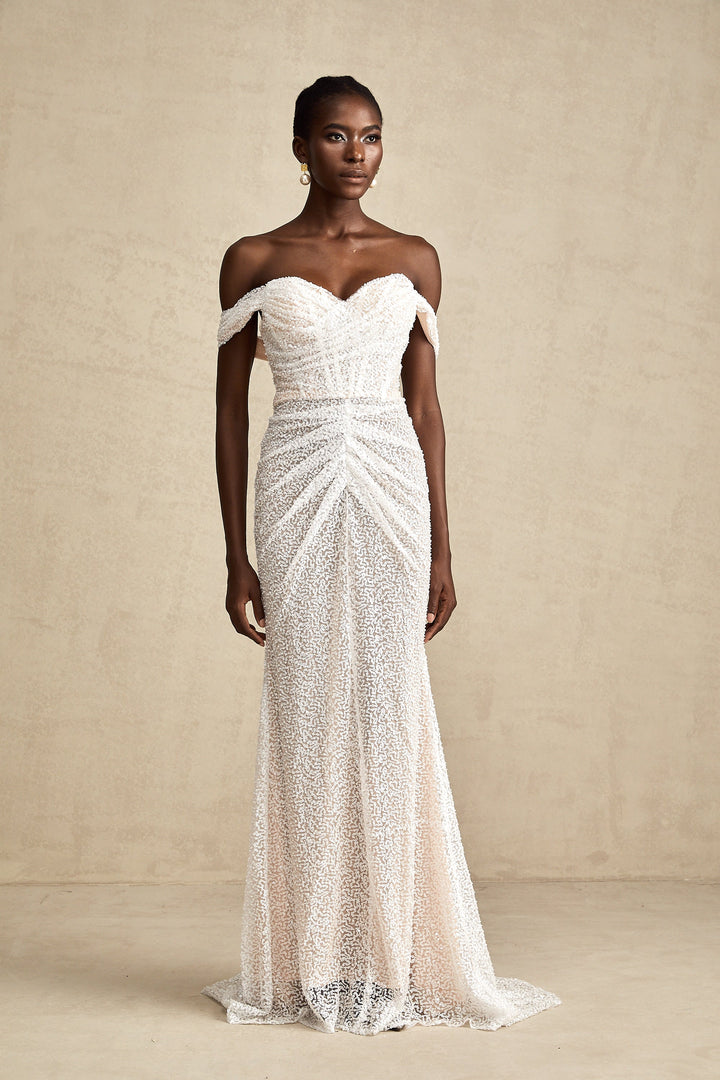 Levoire | Robe Maxi Off-Shoulder Blanche Ornée