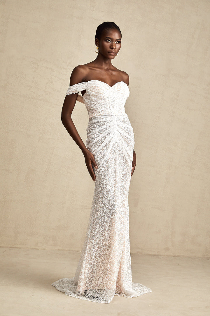 Levoire | Robe Maxi Off-Shoulder Blanche Ornée
