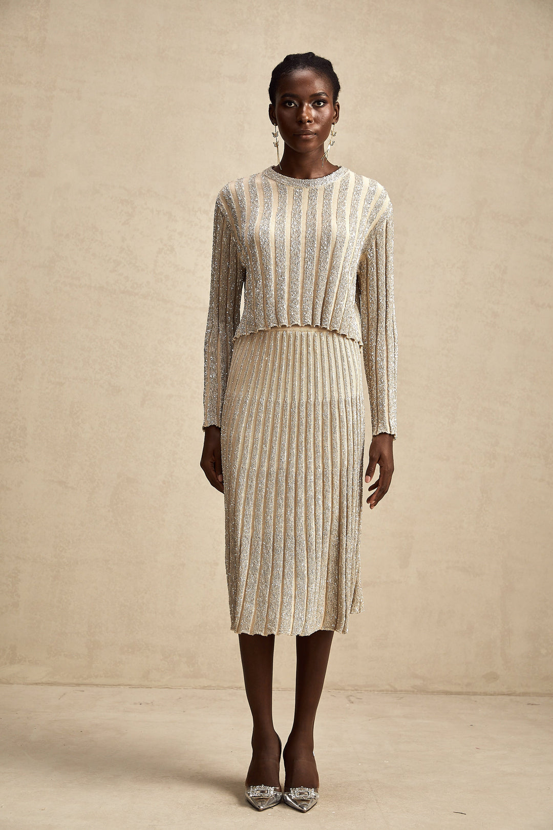 Levoire | Ensemble De Top En Tricot Rayé Champagne Et Jupe Assorti