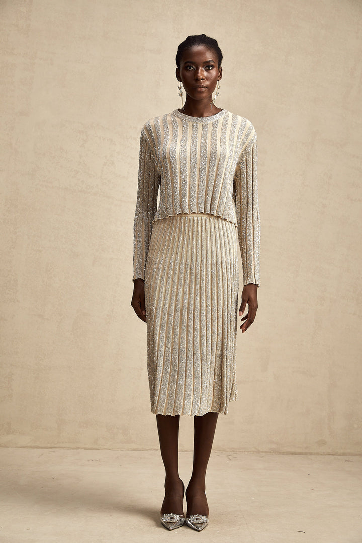 Levoire | Ensemble De Top En Tricot Rayé Champagne Et Jupe Assorti