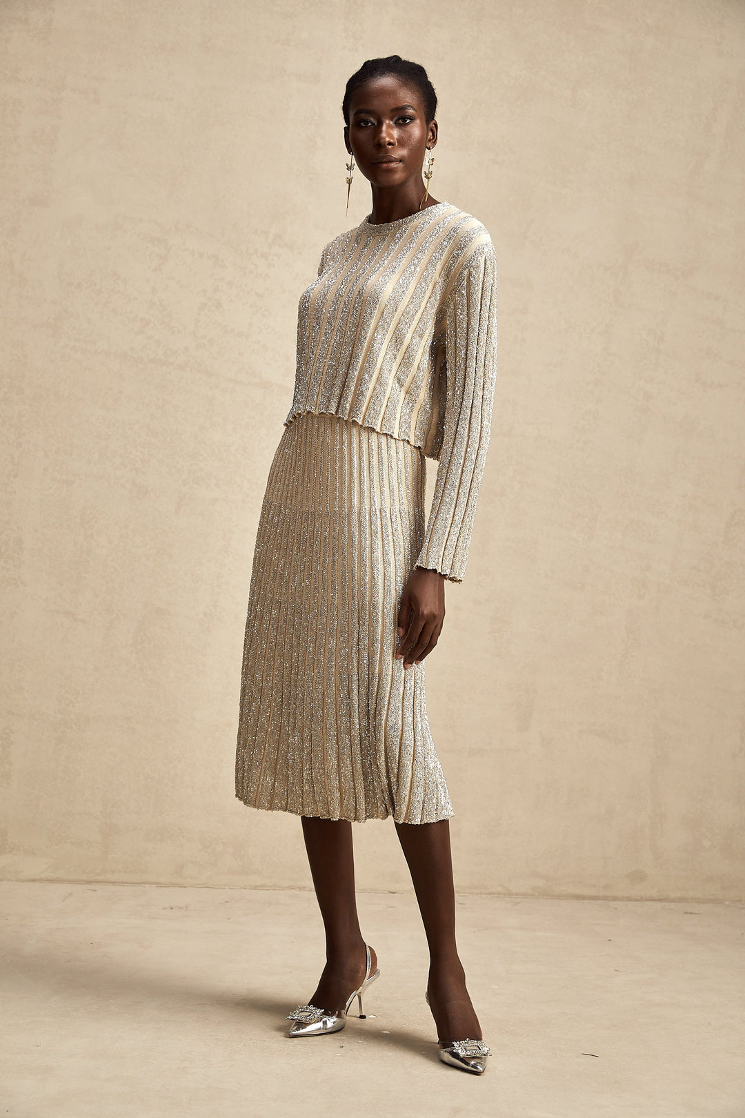 Levoire | Ensemble De Top En Tricot Rayé Champagne Et Jupe Assorti