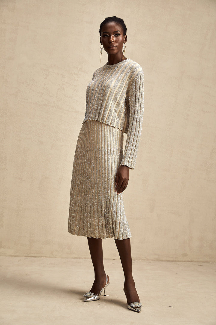 Levoire | Ensemble De Top En Tricot Rayé Champagne Et Jupe Assorti