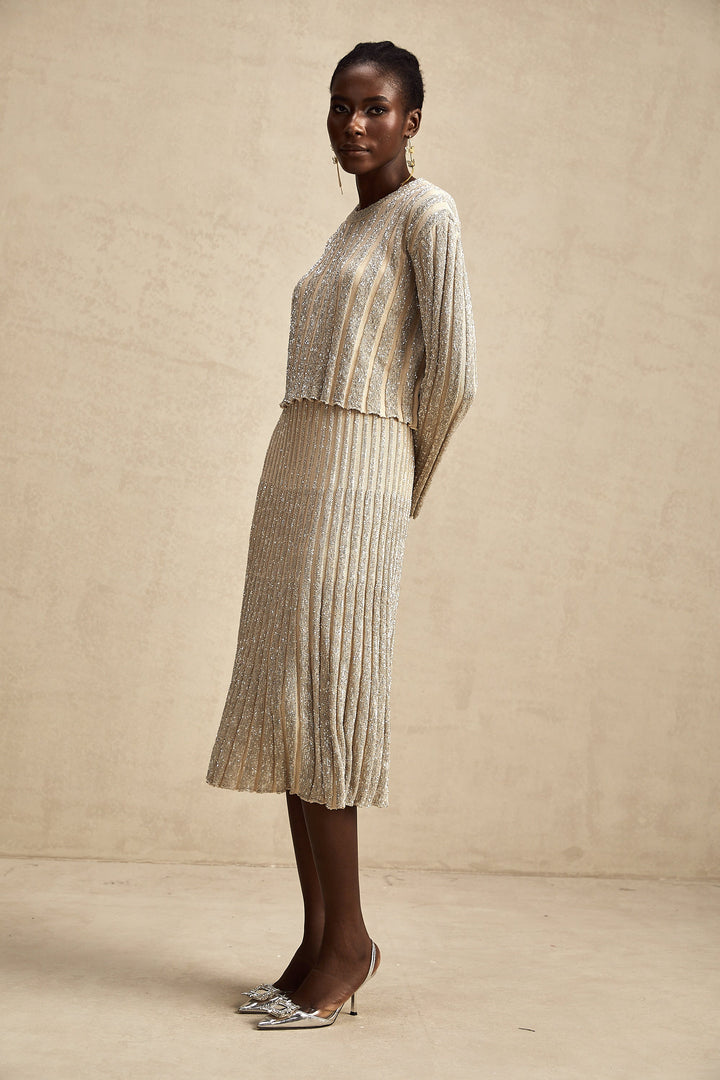 Levoire | Ensemble De Top En Tricot Rayé Champagne Et Jupe Assorti