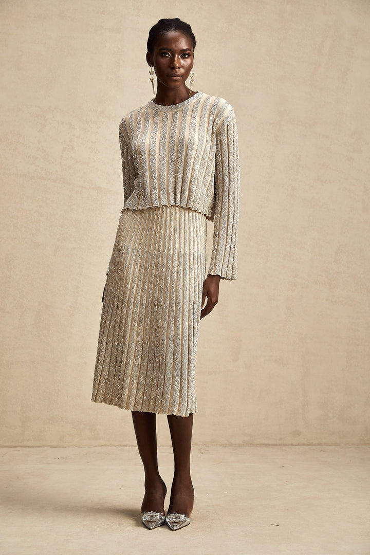 Levoire | Ensemble De Top En Tricot Rayé Champagne Et Jupe Assorti