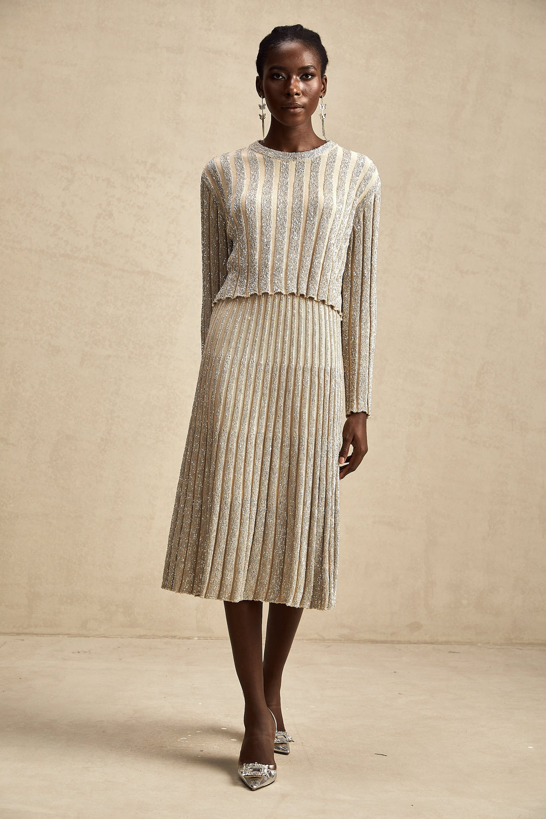 Levoire | Ensemble De Top En Tricot Rayé Champagne Et Jupe Assorti