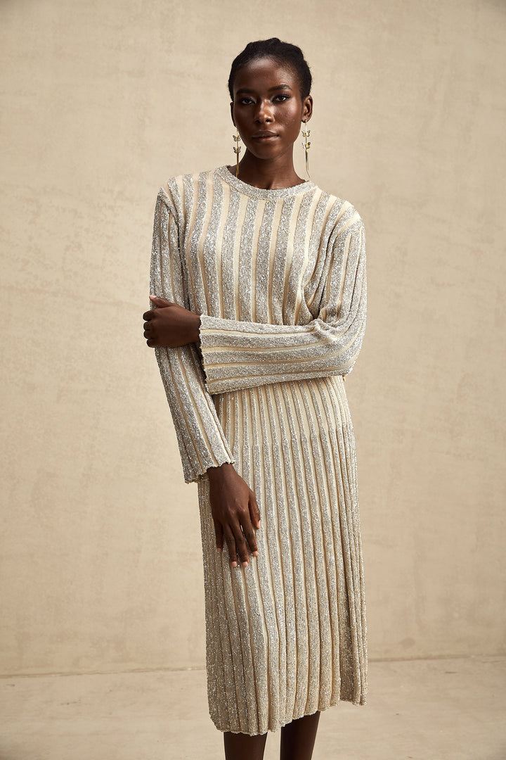 Levoire | Ensemble De Top En Tricot Rayé Champagne Et Jupe Assorti