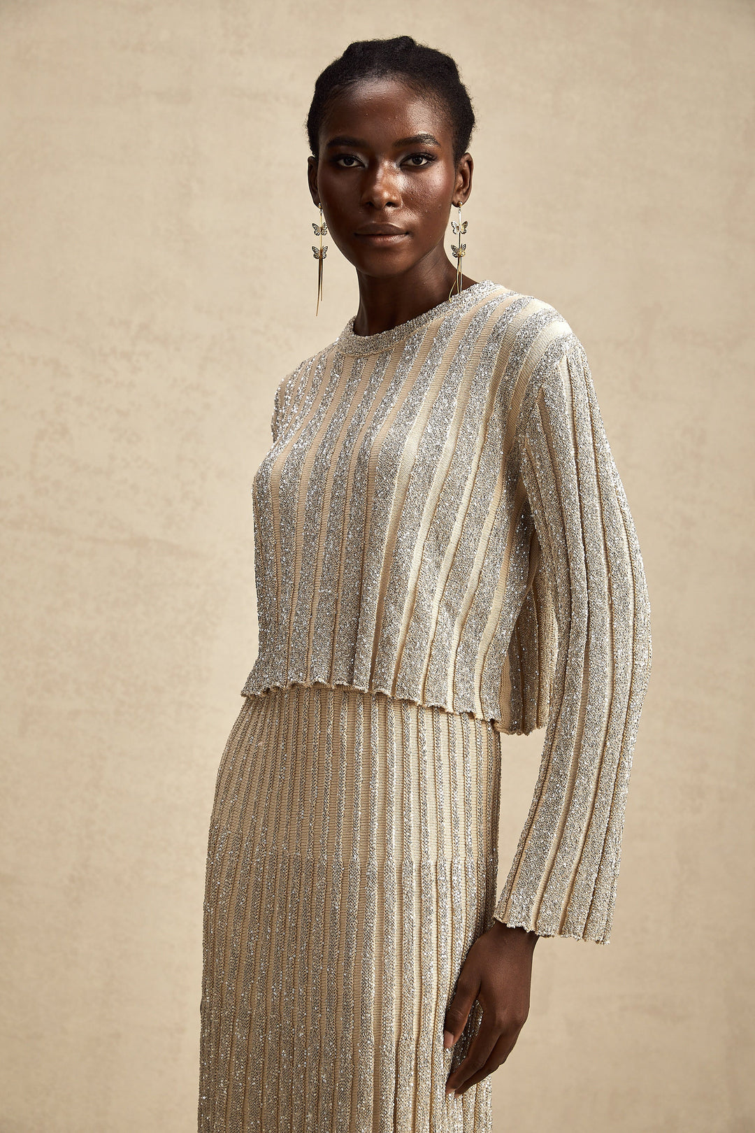 Levoire | Ensemble De Top En Tricot Rayé Champagne Et Jupe Assorti