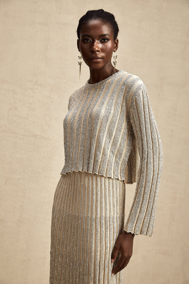 Levoire | Ensemble De Top En Tricot Rayé Champagne Et Jupe Assorti