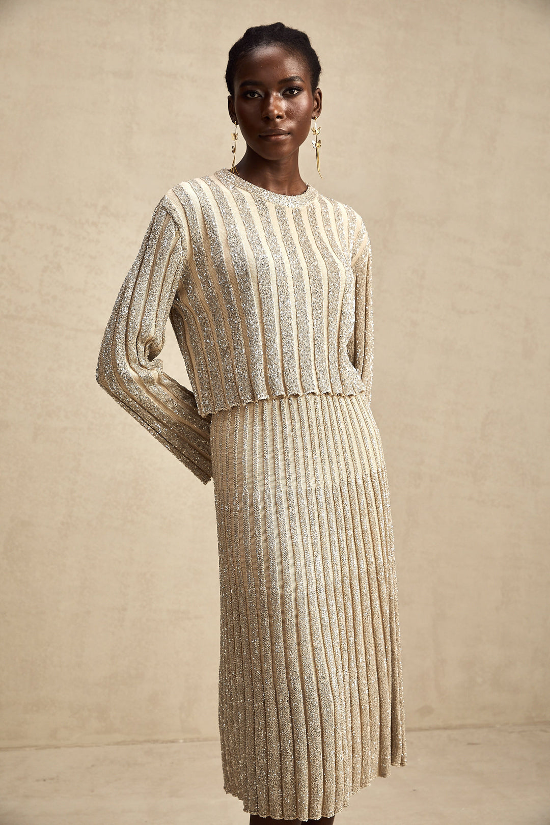 Levoire | Ensemble De Top En Tricot Rayé Champagne Et Jupe Assorti