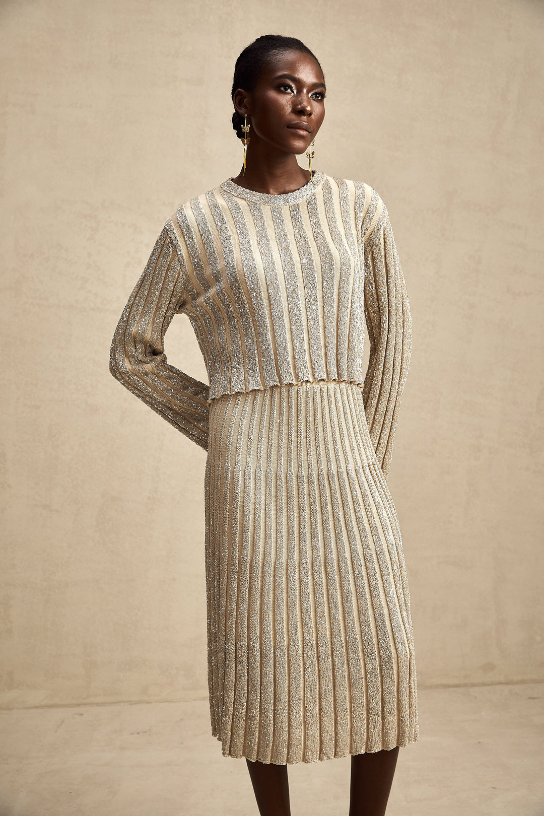 Levoire | Ensemble De Top En Tricot Rayé Champagne Et Jupe Assorti