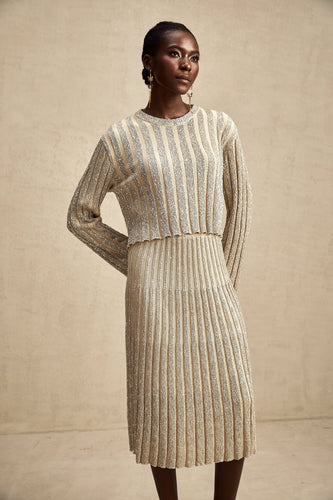 Levoire | Ensemble De Top En Tricot Rayé Champagne Et Jupe Assorti