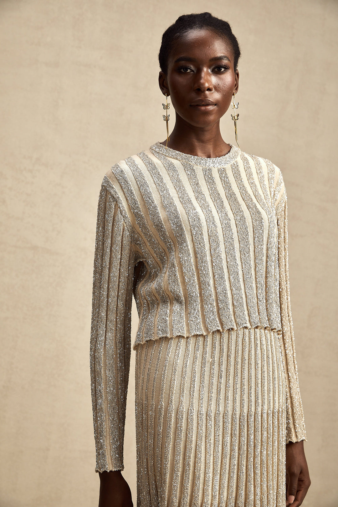 Levoire | Ensemble De Top En Tricot Rayé Champagne Et Jupe Assorti