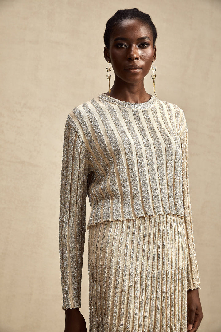 Levoire | Ensemble De Top En Tricot Rayé Champagne Et Jupe Assorti