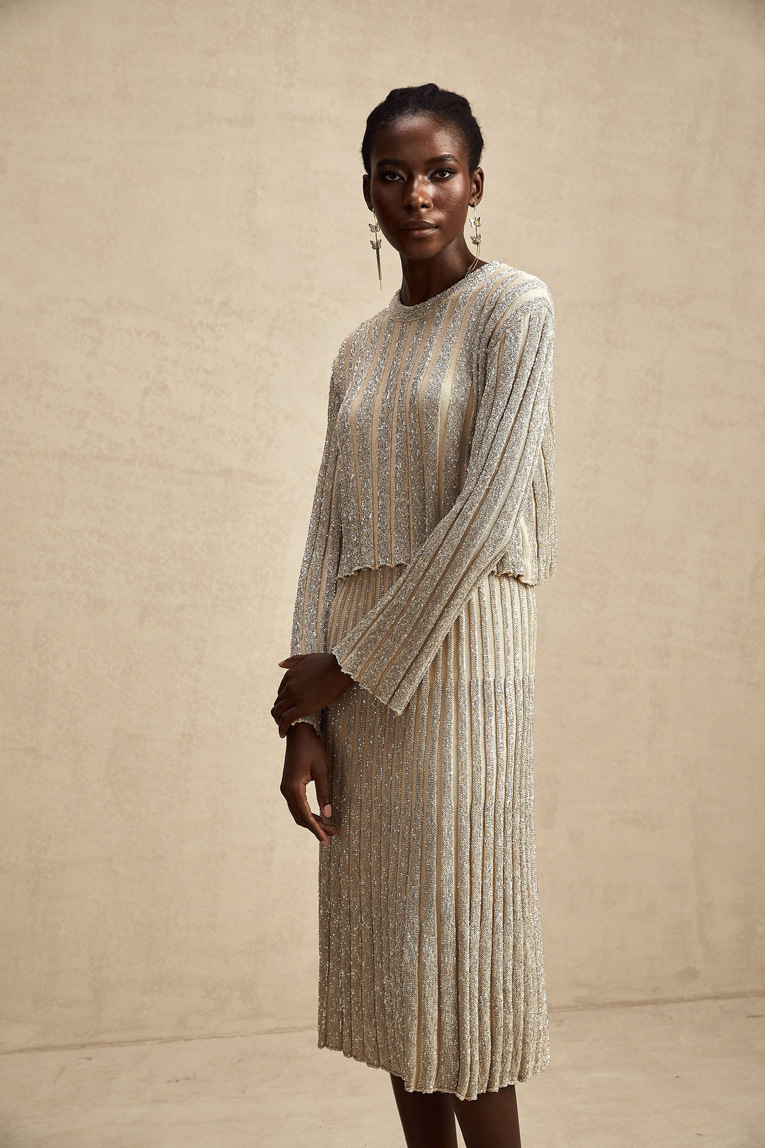 Levoire | Ensemble De Top En Tricot Rayé Champagne Et Jupe Assorti