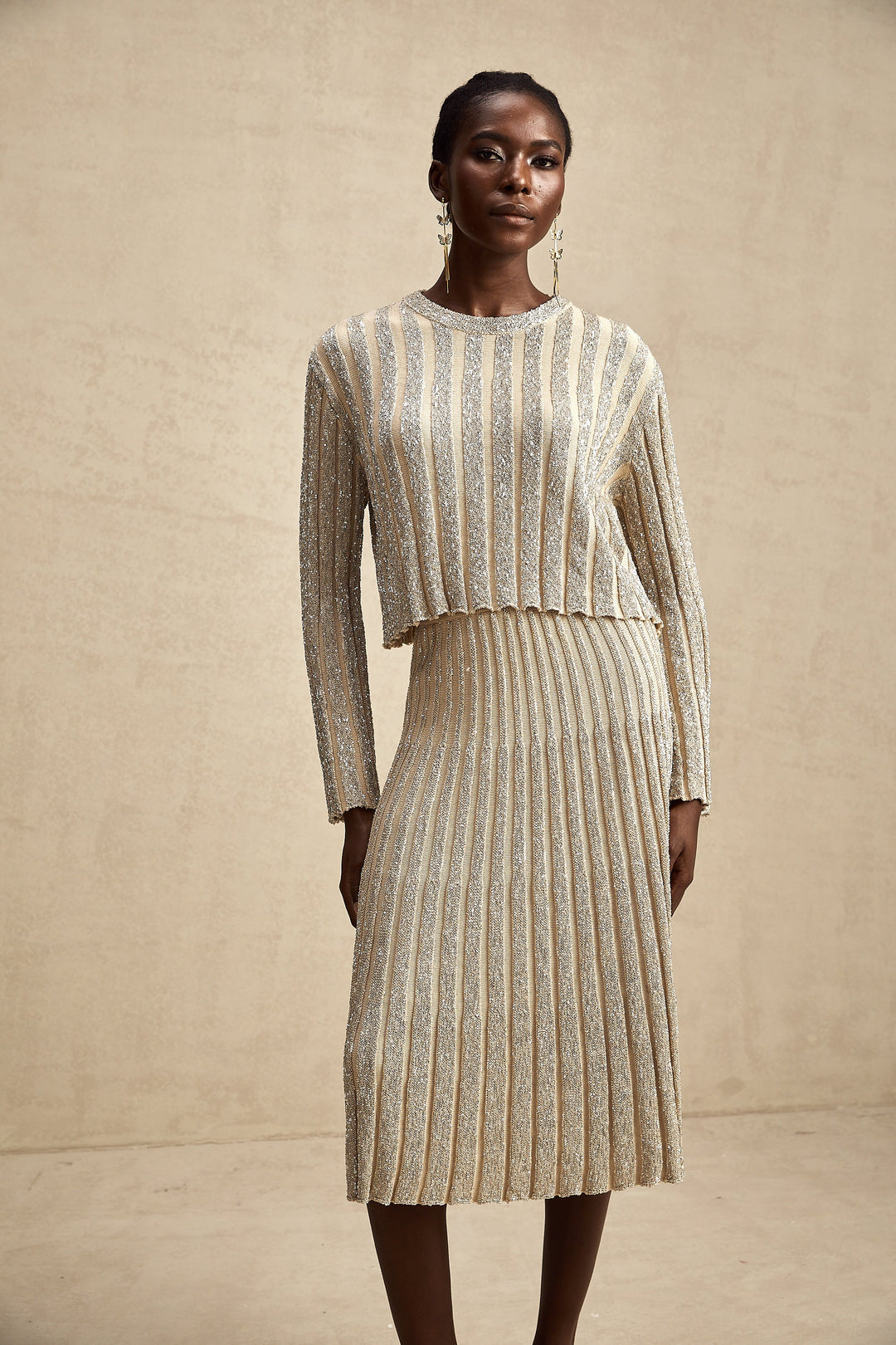Levoire | Ensemble De Top En Tricot Rayé Champagne Et Jupe Assorti