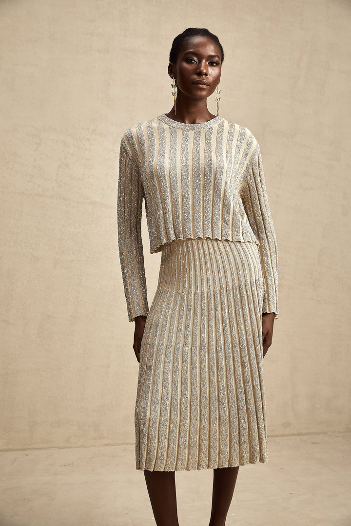 Levoire | Ensemble De Top En Tricot Rayé Champagne Et Jupe Assorti