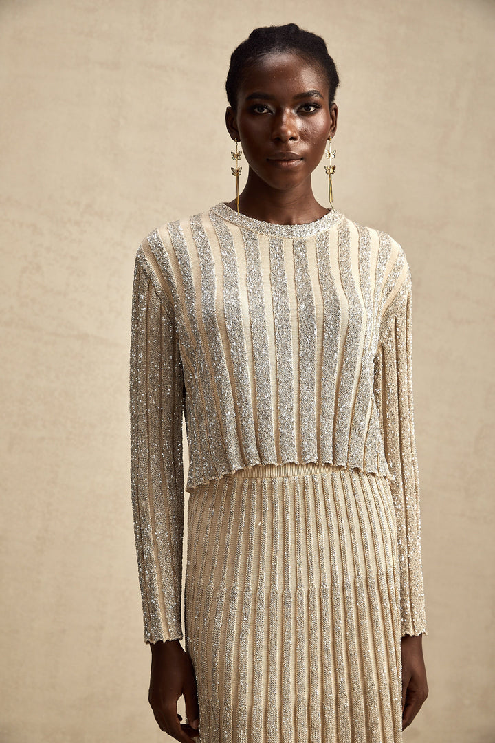 Levoire | Ensemble De Top En Tricot Rayé Champagne Et Jupe Assorti