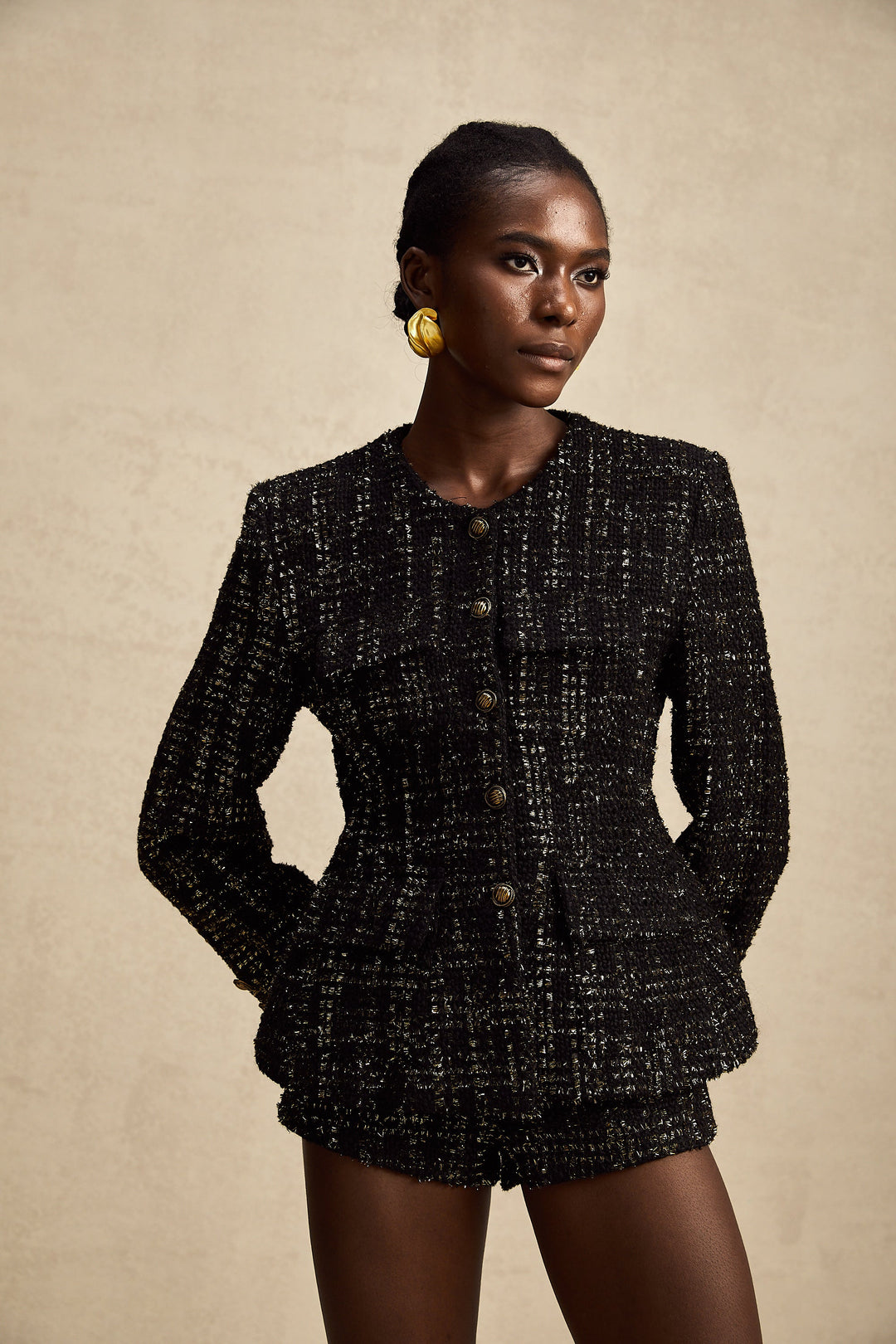 Levoire | Veste En Tweed Métallique Noire Et Short Ensemble Assorti