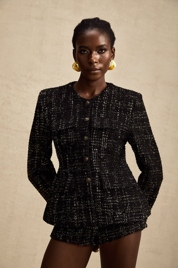 Levoire | Veste En Tweed Métallique Noire Et Short Ensemble Assorti