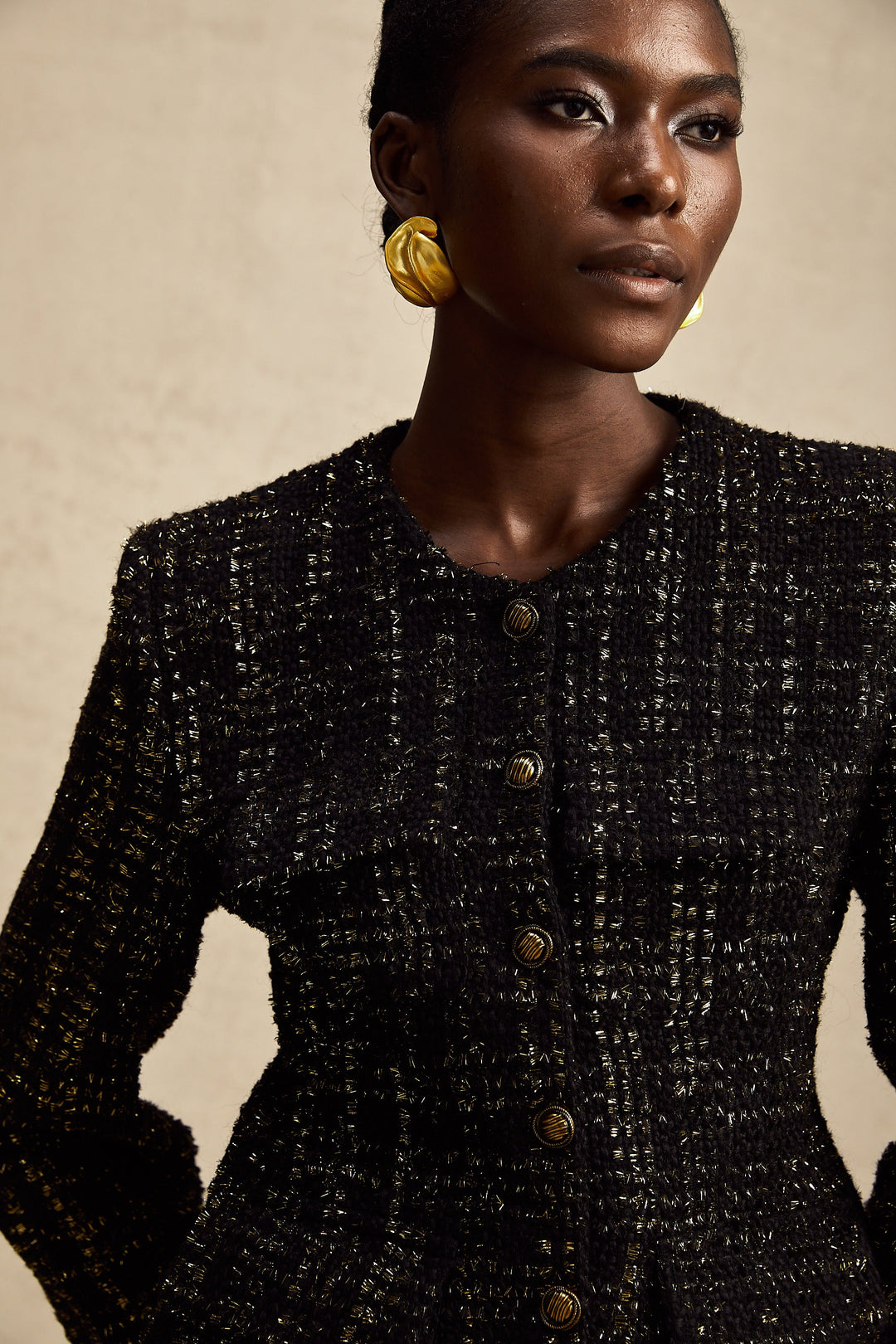 Levoire | Veste En Tweed Métallique Noire Et Short Ensemble Assorti