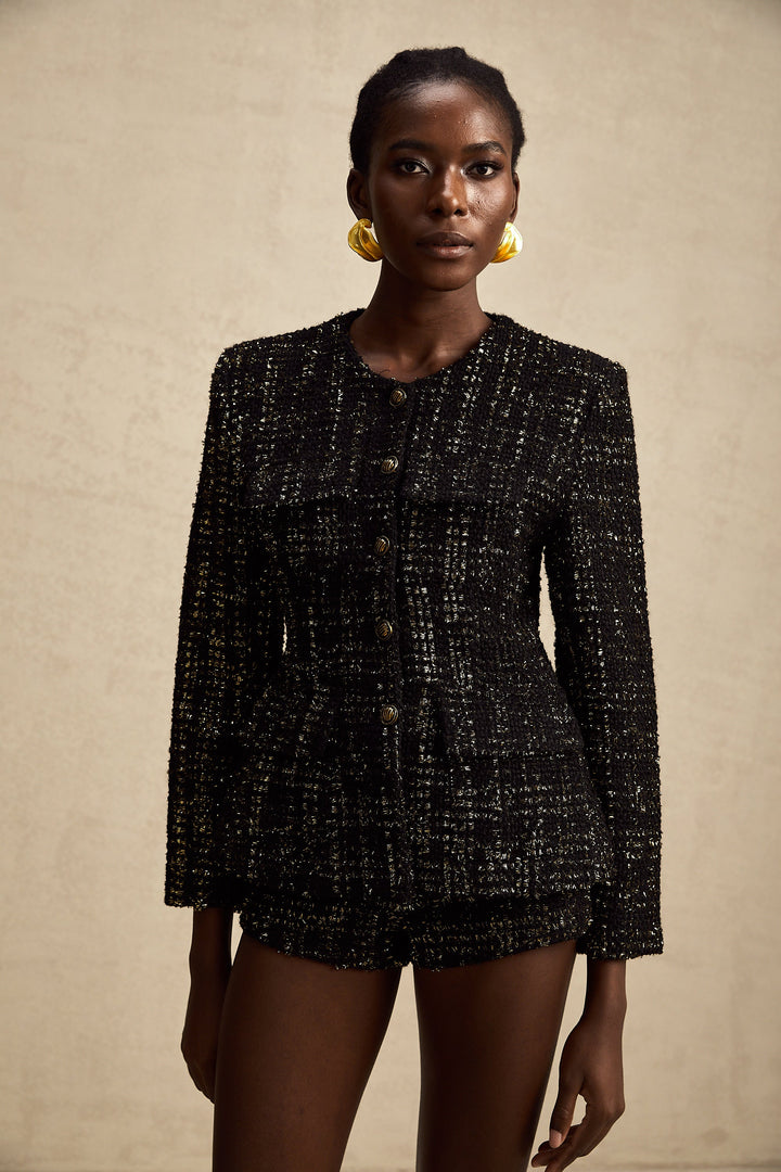 Levoire | Veste En Tweed Métallique Noire Et Short Ensemble Assorti