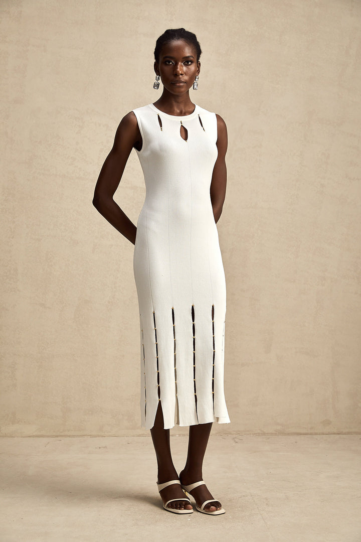Levoire | Robe Midi En Tricot Sans Manches À Découpes Ornée De Perles Blanches