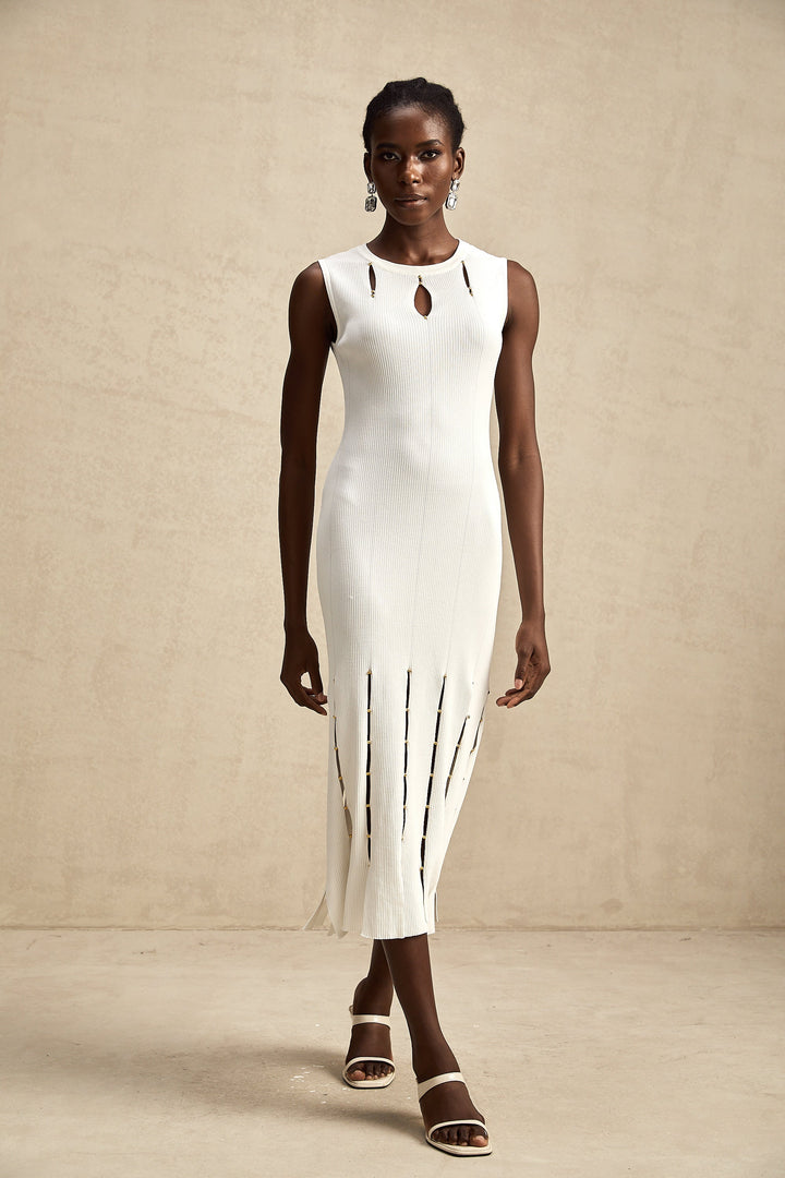 Levoire | Robe Midi En Tricot Sans Manches À Découpes Ornée De Perles Blanches