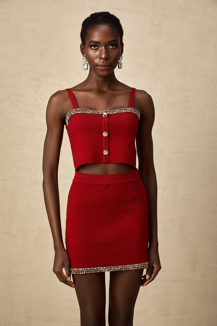 Levoire | Veste En Tricot À Boutons Rouges & Gilet & Jupe Ensemble Assorti