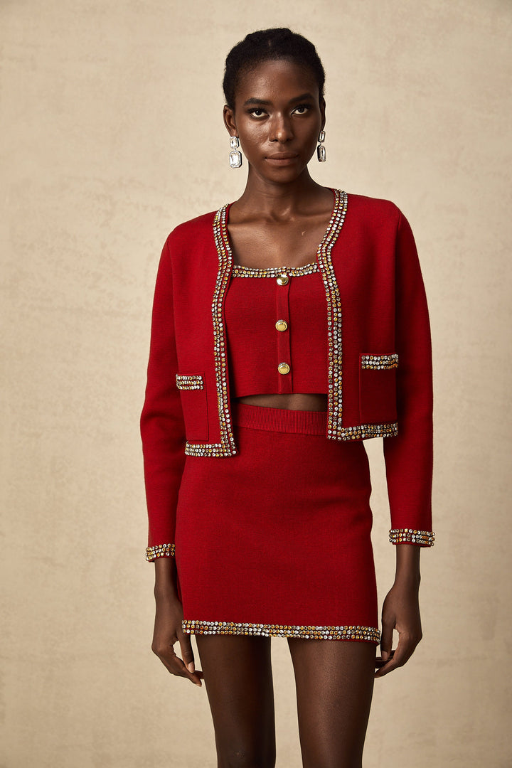 Levoire | Veste En Tricot À Boutons Rouges & Gilet & Jupe Ensemble Assorti
