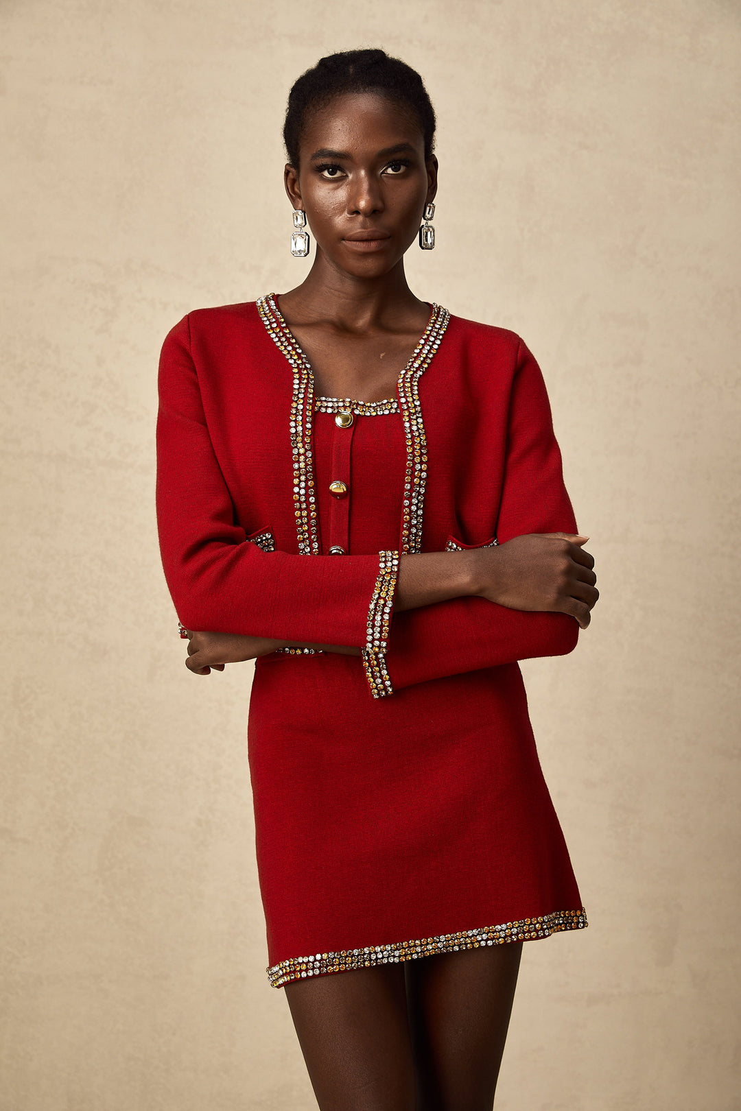 Levoire | Veste En Tricot À Boutons Rouges & Gilet & Jupe Ensemble Assorti