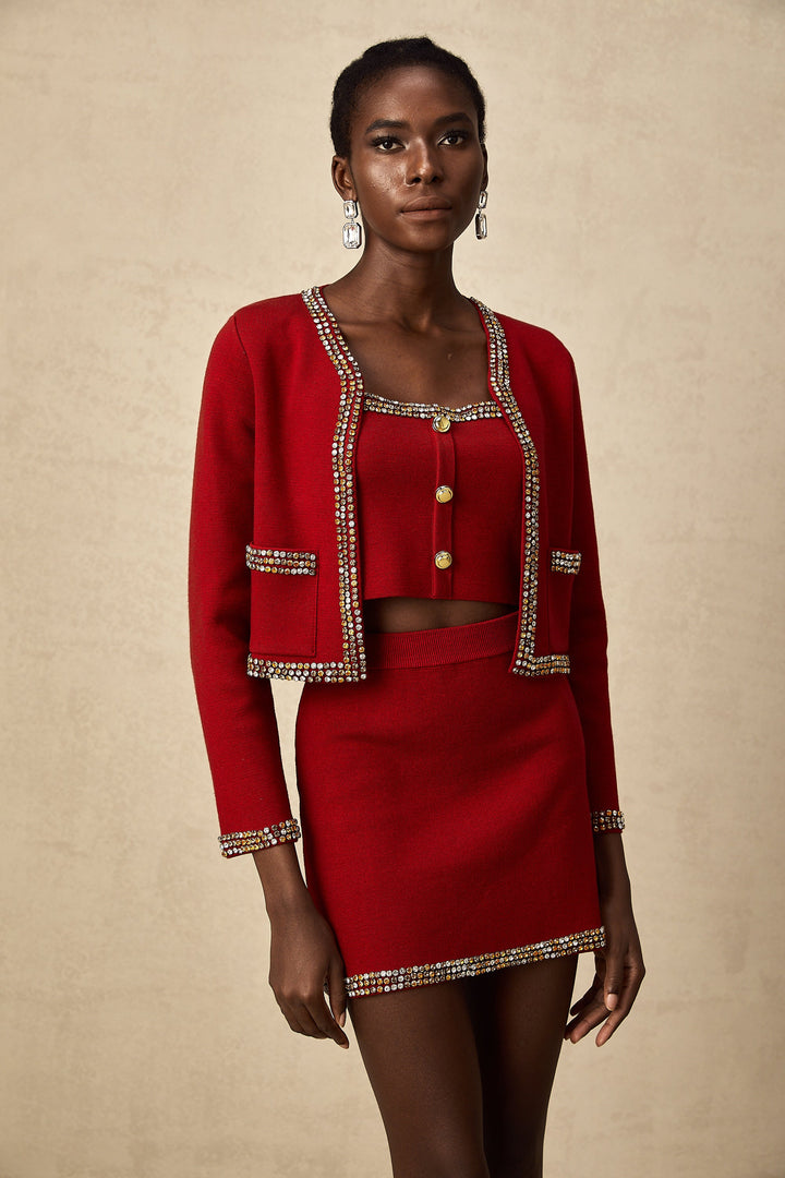 Levoire | Veste En Tricot À Boutons Rouges & Gilet & Jupe Ensemble Assorti