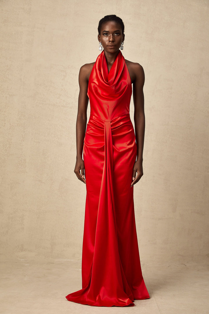 Levoire | Robe Maxi Drapée Satin Rouge À Dos Nu