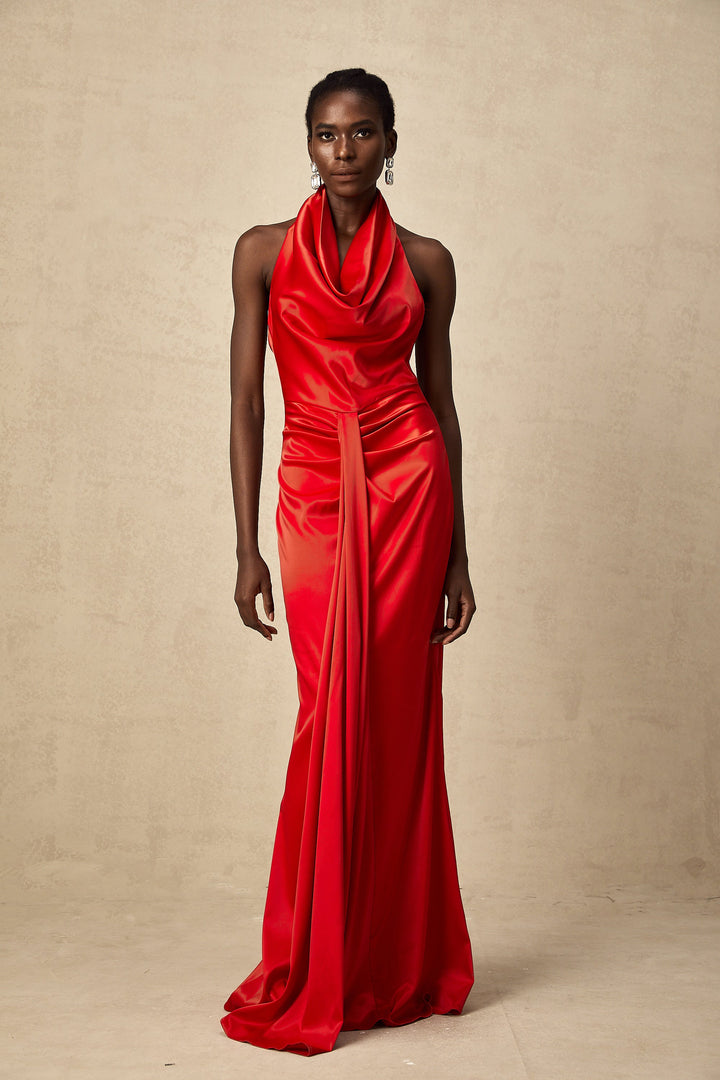 Levoire | Robe Maxi Drapée Satin Rouge À Dos Nu