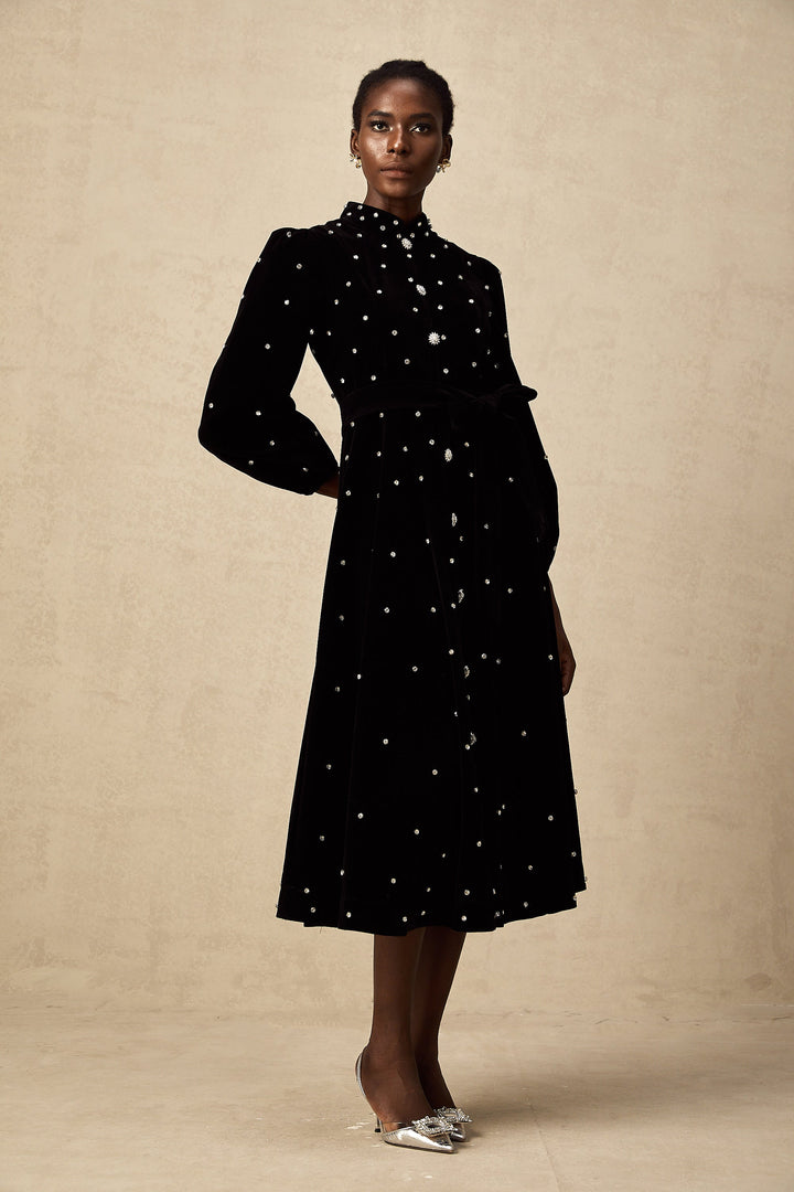Levoire | Robe Midi En Velours Noir Ornée
