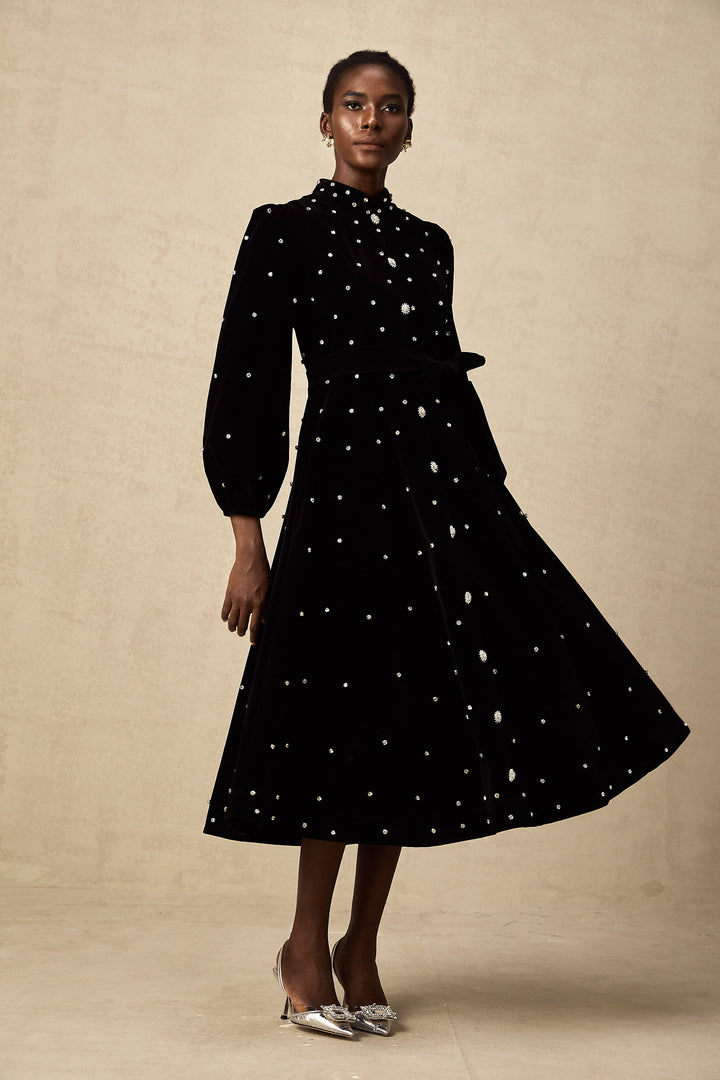 Levoire | Robe Midi En Velours Noir Ornée