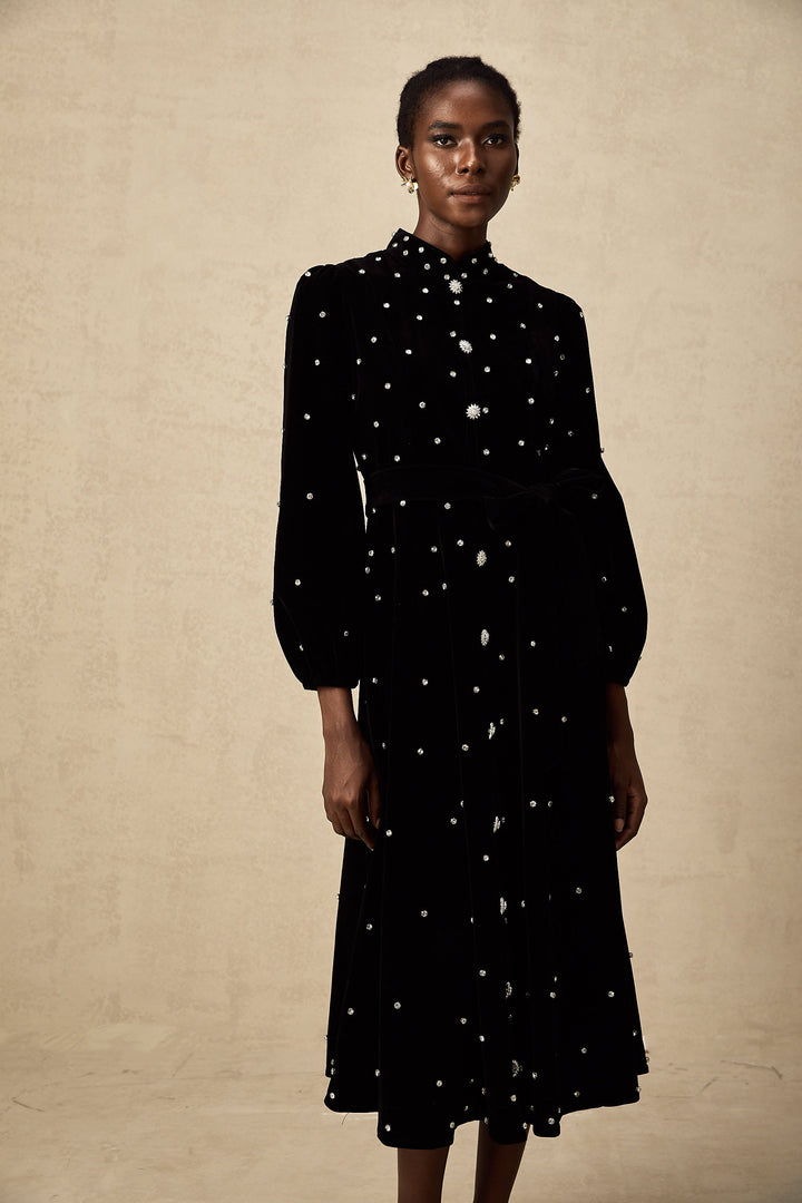 Levoire | Robe Midi En Velours Noir Ornée