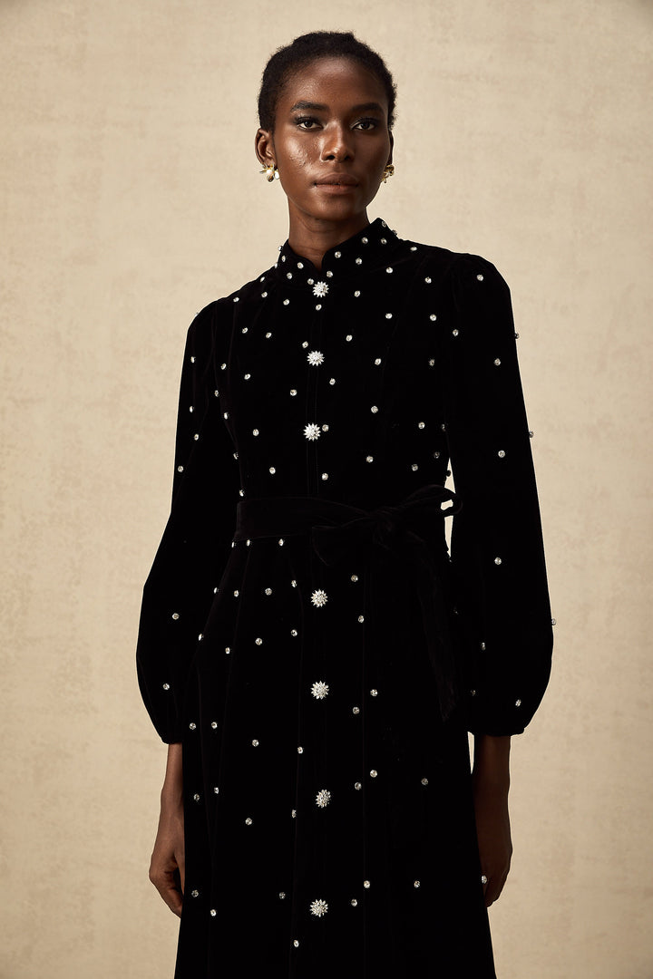 Levoire | Robe Midi En Velours Noir Ornée