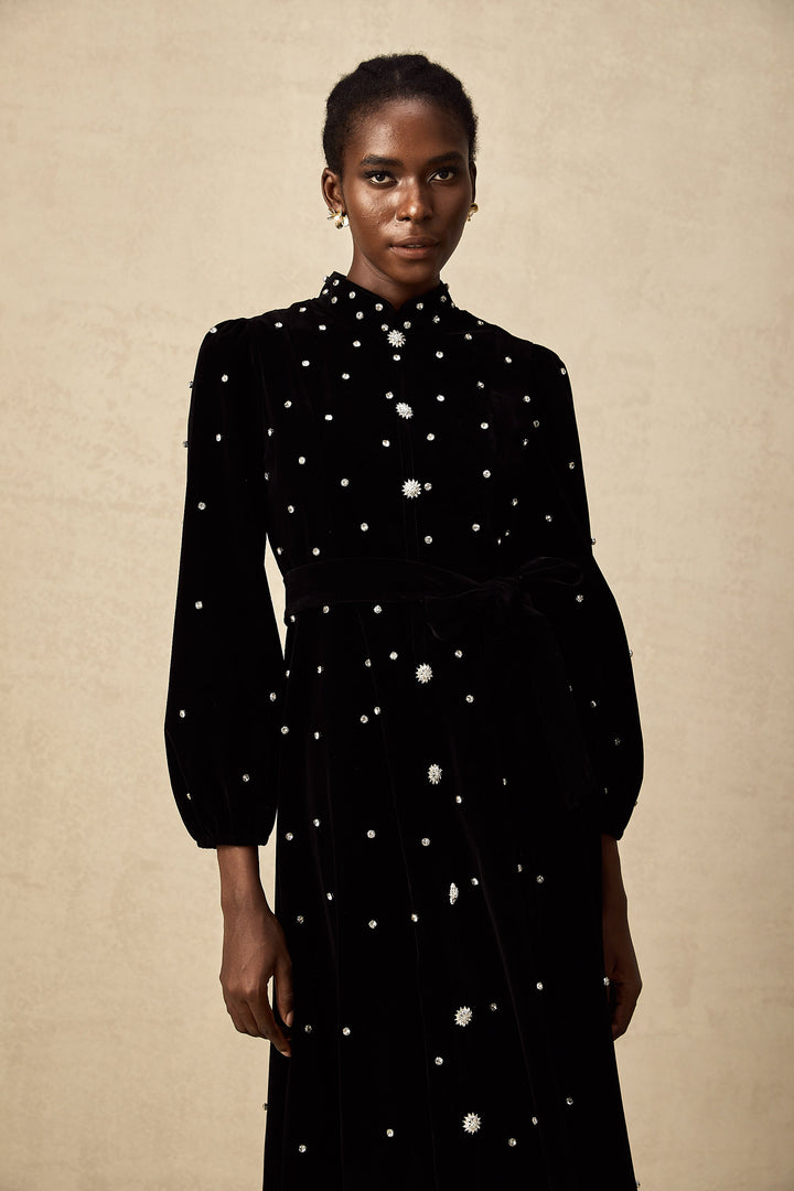 Levoire | Robe Midi En Velours Noir Ornée