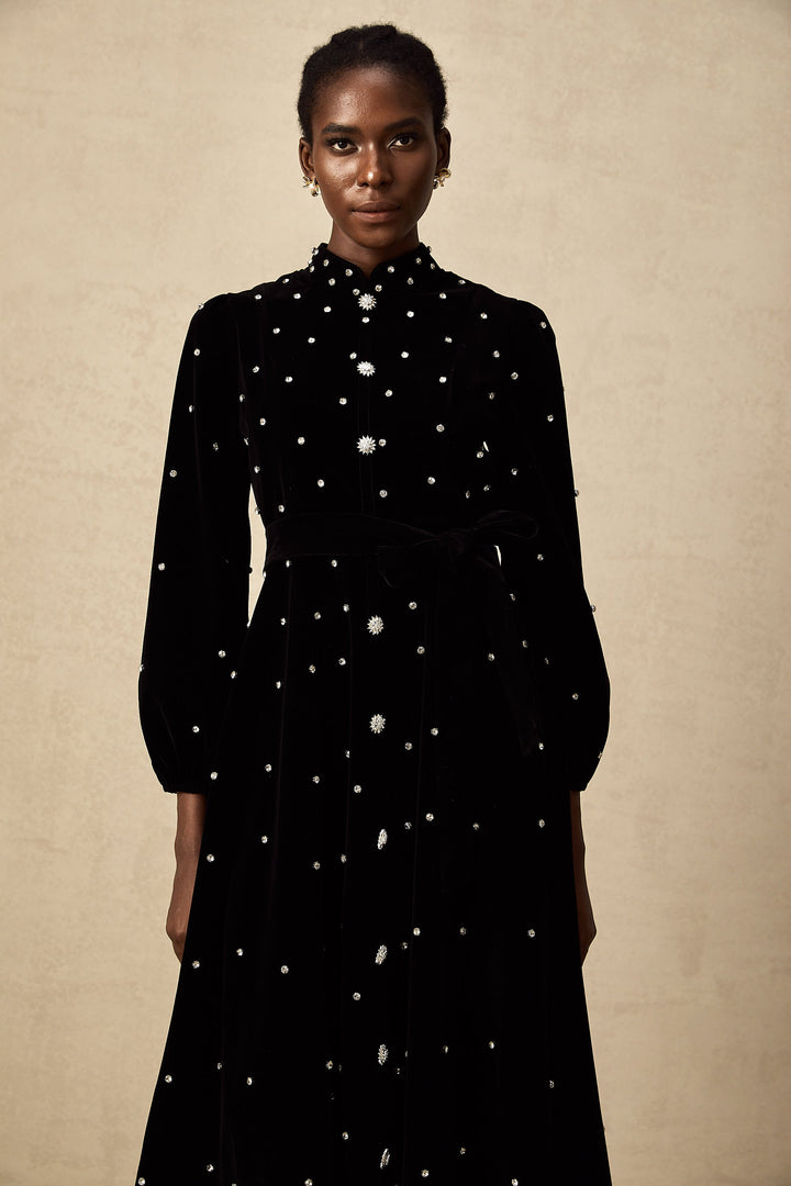 Levoire | Robe Midi En Velours Noir Ornée